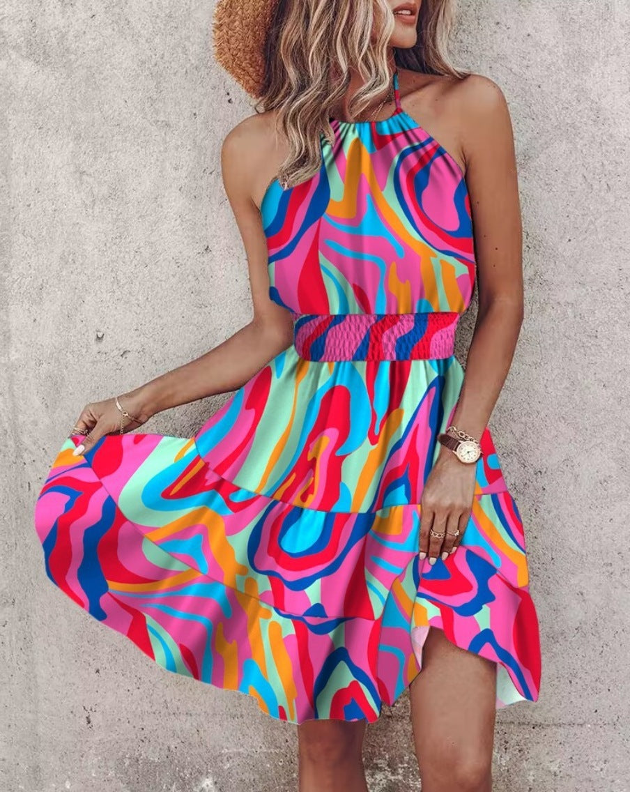 Printed Halter Dress 3D Effect A-Line Sleeveless Mid Skirt
