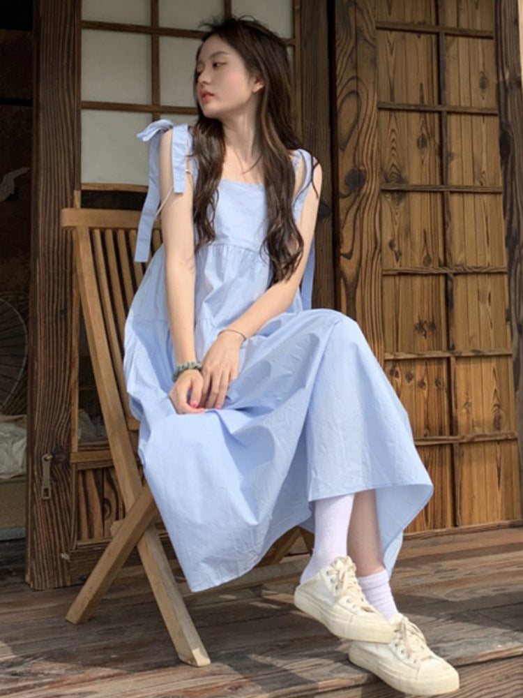 French Gentle Wind Fairy Skirt – Lace-Up Bowknot A-Line Suspender Dress