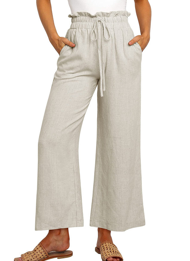 Women's Cotton-Linen Wide Leg Cropped Pants – Elastic Waist & Lace-Up Detail | Casual Japanese-Korean Style USA