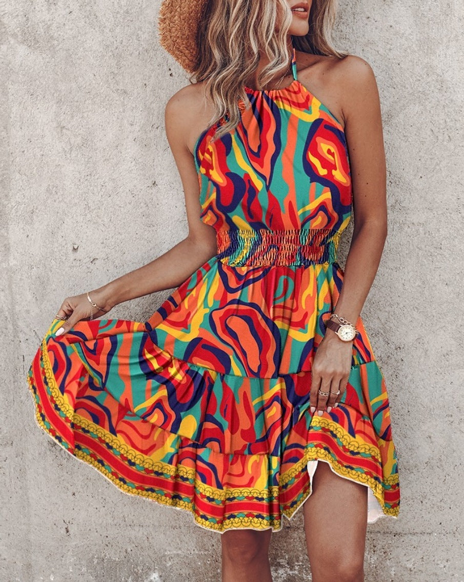 Printed Halter Dress 3D Effect A-Line Sleeveless Mid Skirt