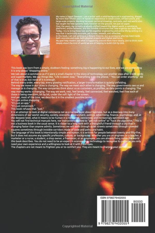 Back cover of a book with a person's face and colorful abstract design