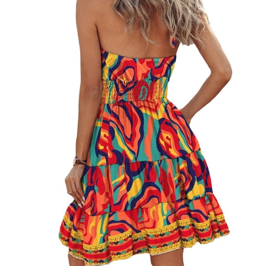 Printed Halter Dress 3D Effect A-Line Sleeveless Mid Skirt