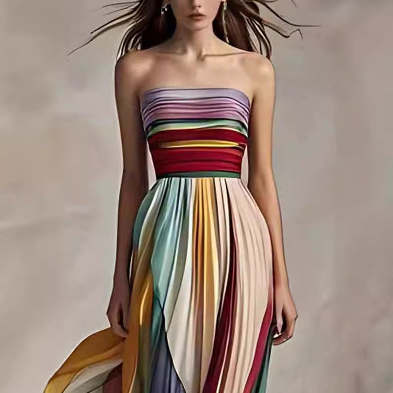 Sexy Tube Top Backless Maxi Dress – Striped Swing A-Line Summer Outfit