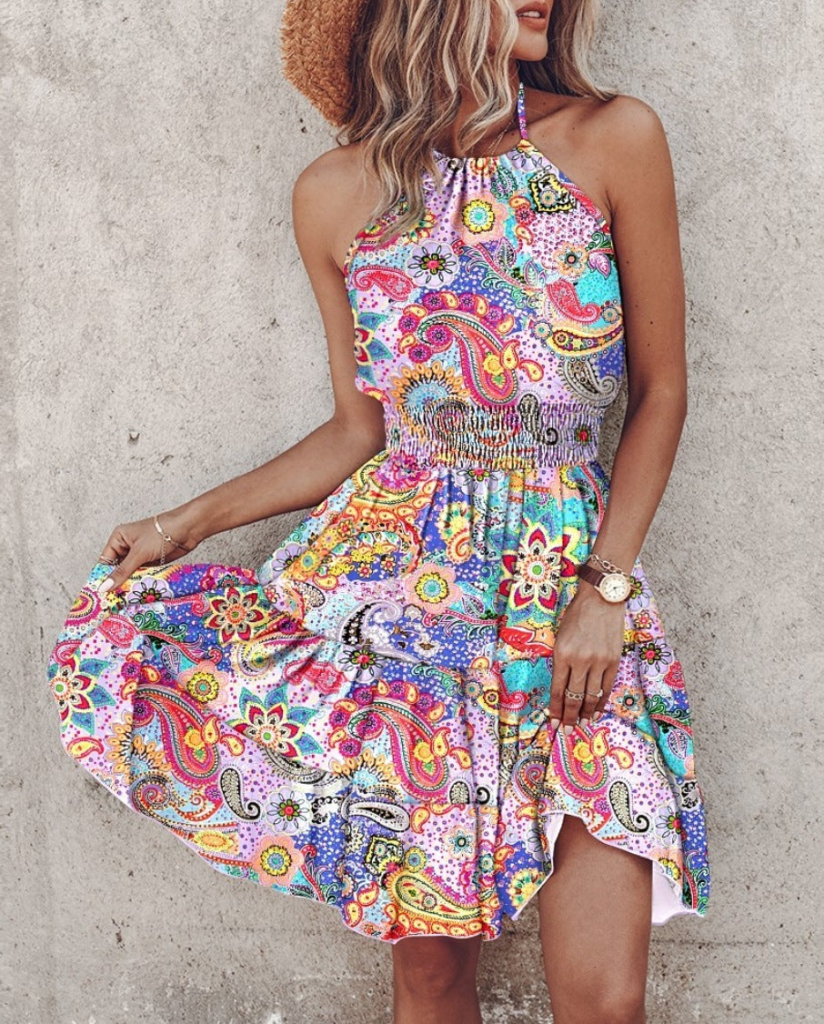 Printed Halter Dress 3D Effect A-Line Sleeveless Mid Skirt