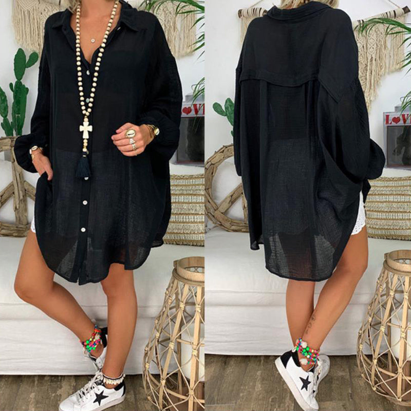 Plus Size Sheer Notch Lapel Dress – Lightweight Button Front Midi
