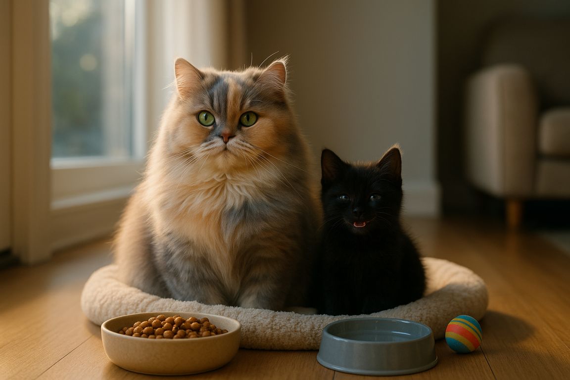 AI Prompt – Persian Cat and Black Kitten on Cozy Bed