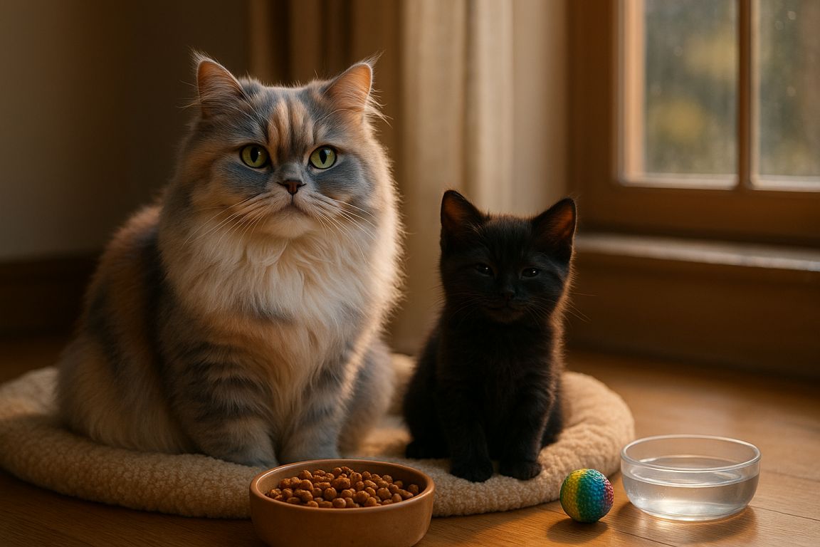 AI Prompt – Persian Cat and Black Kitten on Cozy Bed