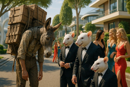 AI Prompt – Exhausted Donkey Surrounded by Laughing Elites