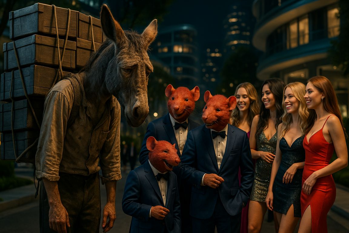 AI Prompt – Exhausted Donkey Surrounded by Laughing Elites