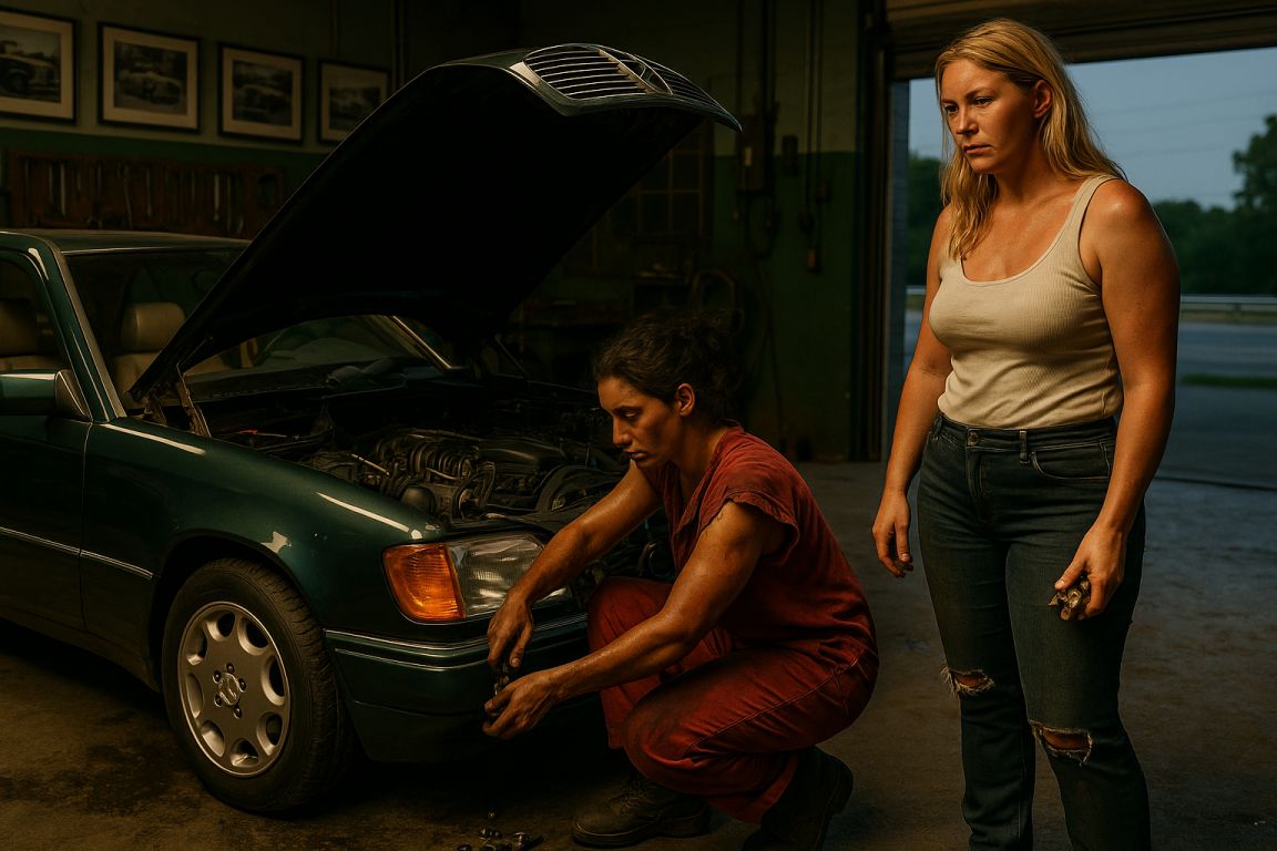 AI Prompt – Car Mechanic Repairing Classic Mercedes While Woman Watches