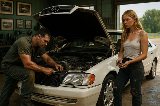 AI Prompt – Car Mechanic Repairing Classic Mercedes While Woman Watches