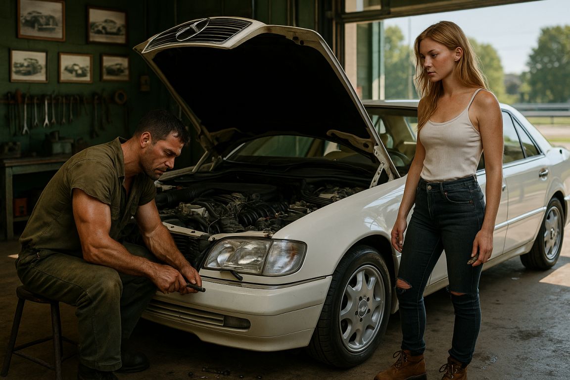 AI Prompt – Car Mechanic Repairing Classic Mercedes While Woman Watches
