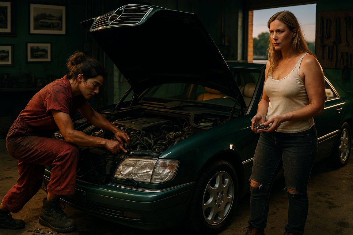 AI Prompt – Car Mechanic Repairing Classic Mercedes While Woman Watches