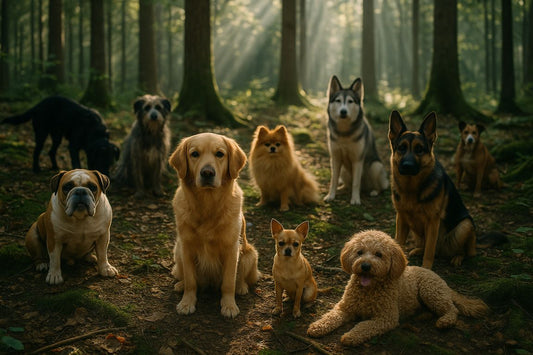 AI Prompt – Group of Dogs in Forest Golden Light