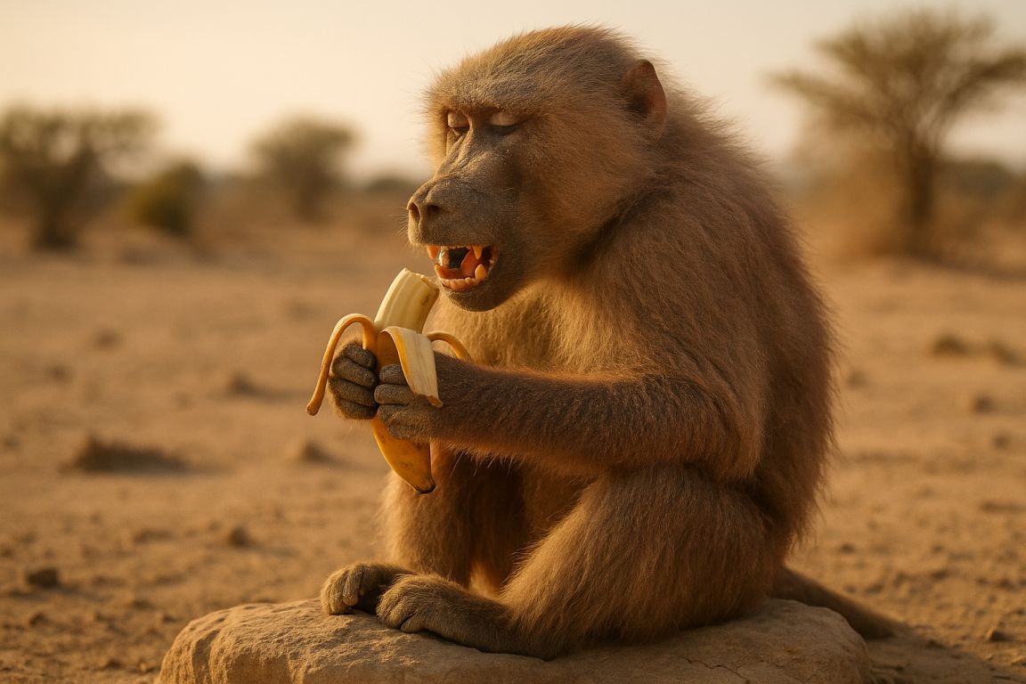 AI Prompt | Funny Baboon Eating Banana in Desert