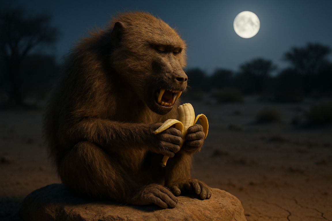 AI Prompt | Funny Baboon Eating Banana in Desert