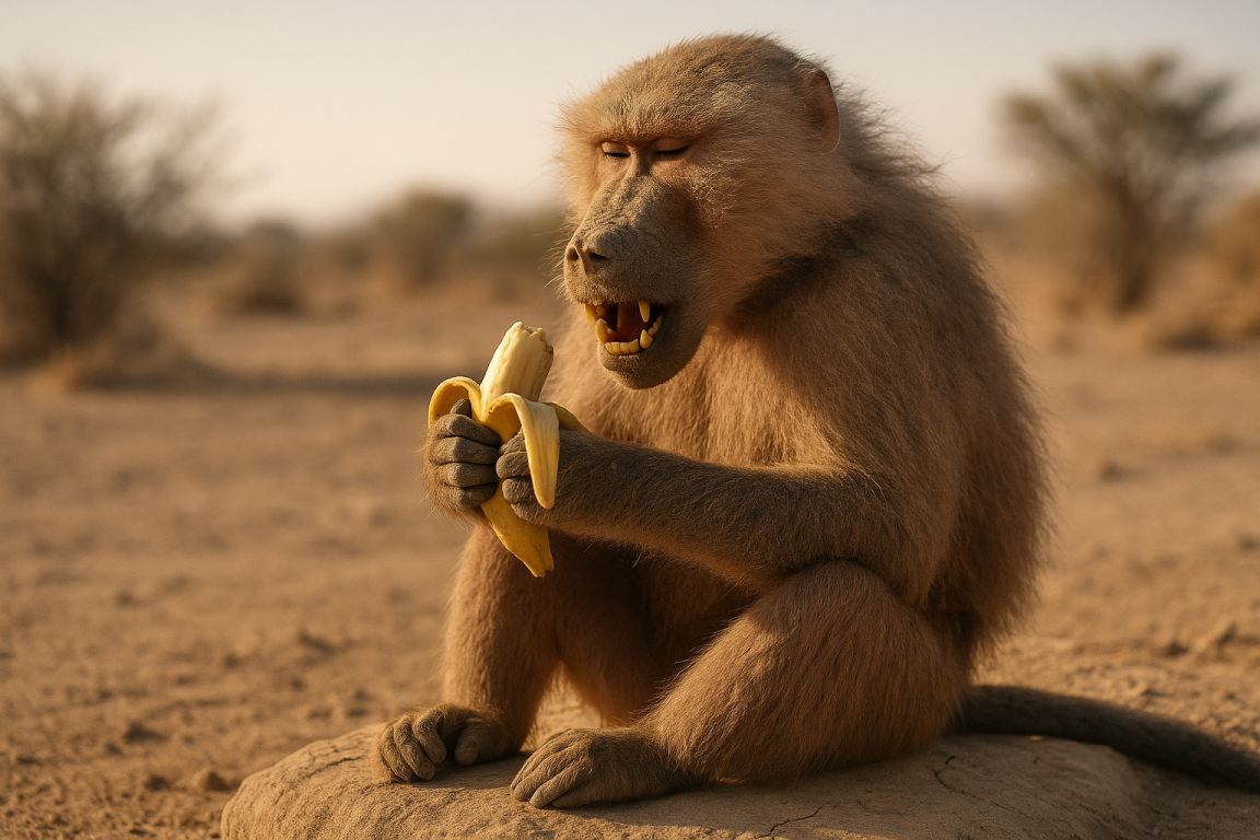 AI Prompt | Funny Baboon Eating Banana in Desert