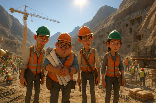 AI Prompt – Cartoon Engineers at Construction Site in Despair