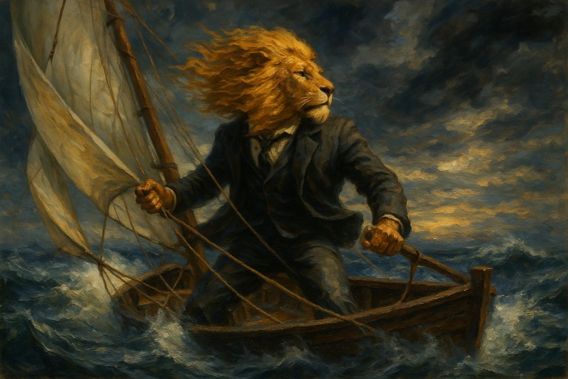 AI Prompt – Lion-Headed Leader Sailing Through the Storm in Oil Painting Style