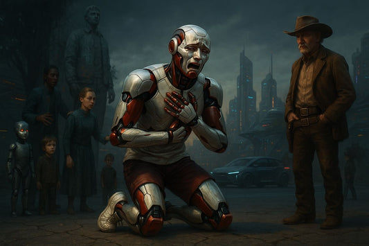 AI Prompt – Emotional Robot Kneeling in Futuristic City