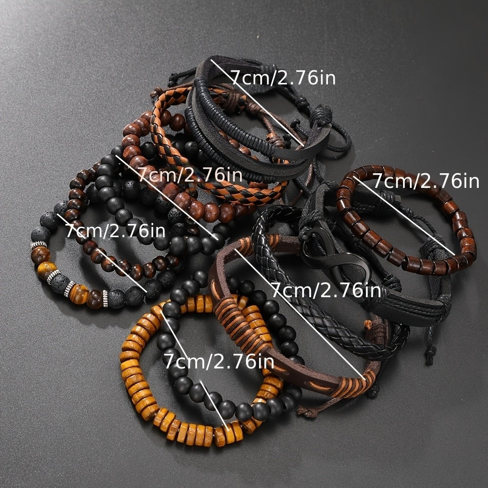 Men’s 12-Piece Vintage Bracelet Set – Leather & Beaded Styles