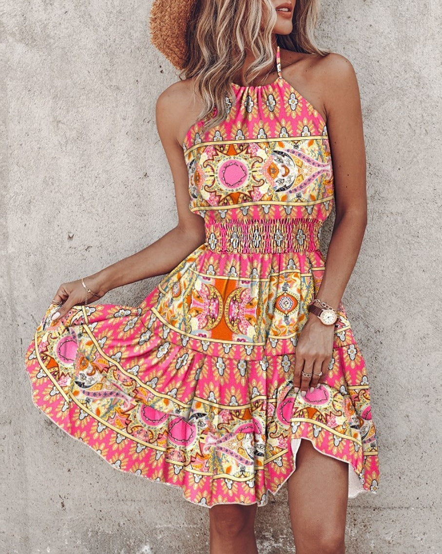 Printed Halter Dress 3D Effect A-Line Sleeveless Mid Skirt