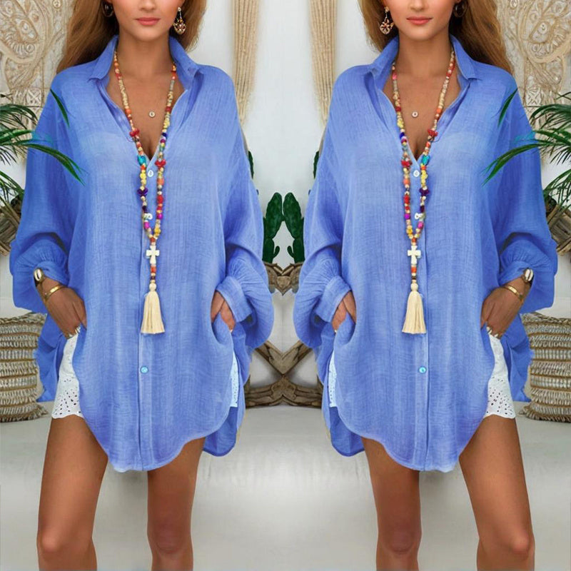 Plus Size Sheer Notch Lapel Dress – Lightweight Button Front Midi