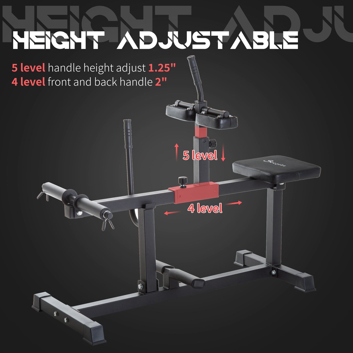 Height adjustable exercise bench with measurement details.