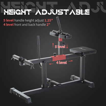 Height adjustable exercise bench with measurement details.