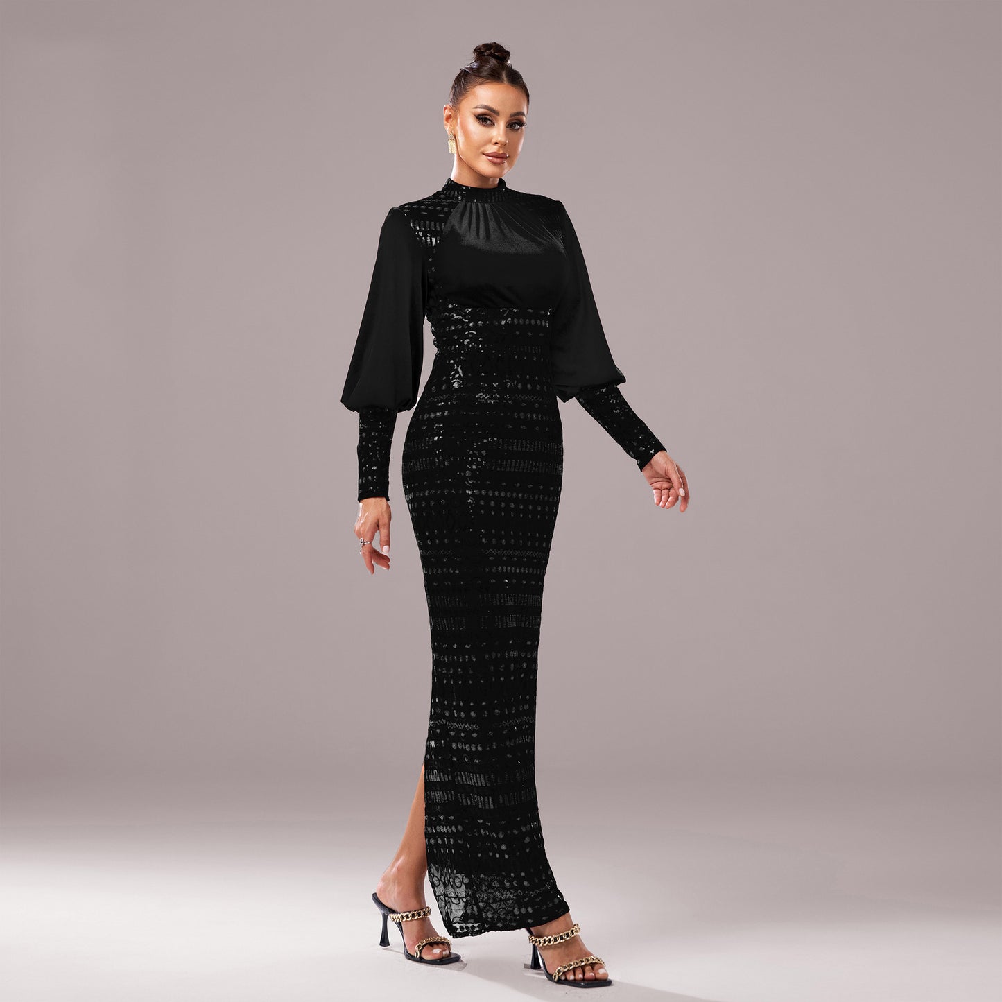 Long Sleeve Round Neck Sequins Slit Evening Dress  ((DHL Fast Shipping))