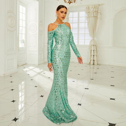 Long Sleeve Off-the-shoulder Banquet Sequined Sheath Fishtail Dress  ((DHL Fast Shipping))