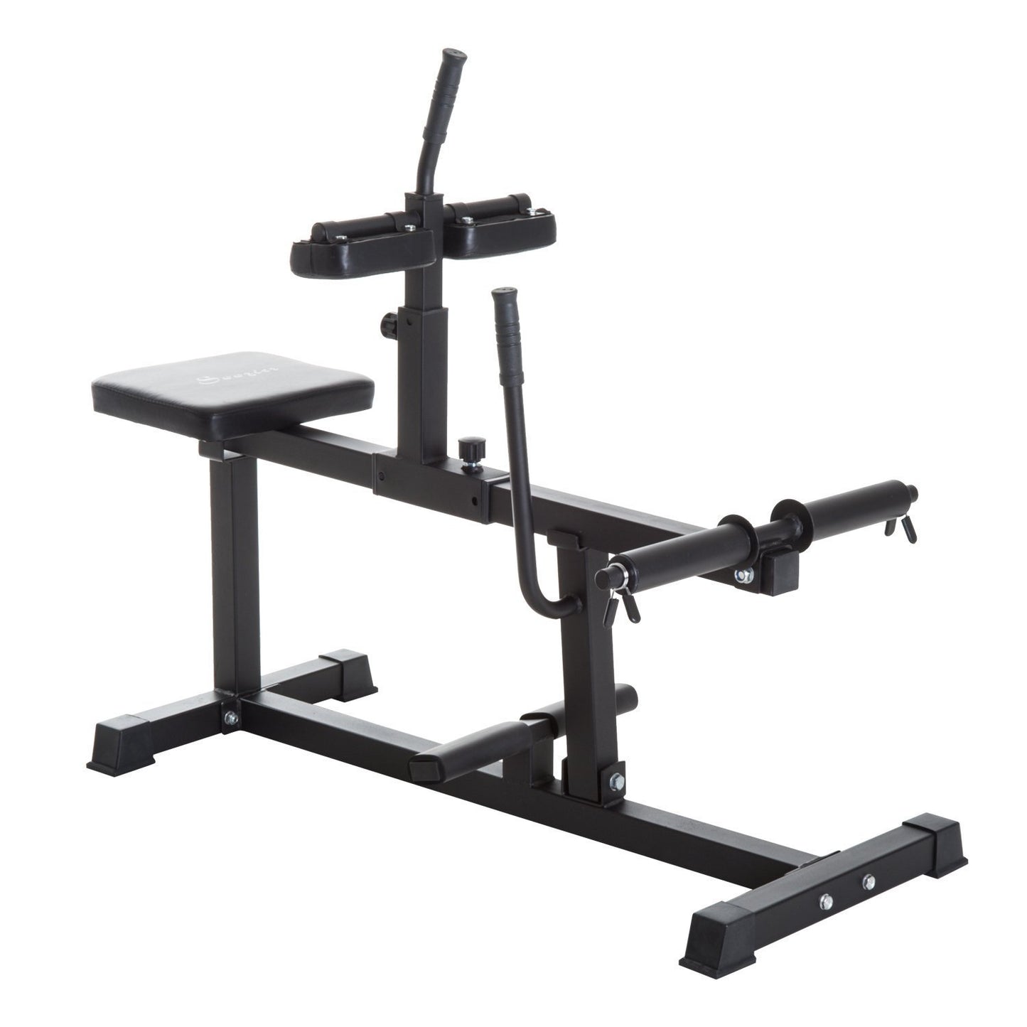 Black weight bench with adjustable components .