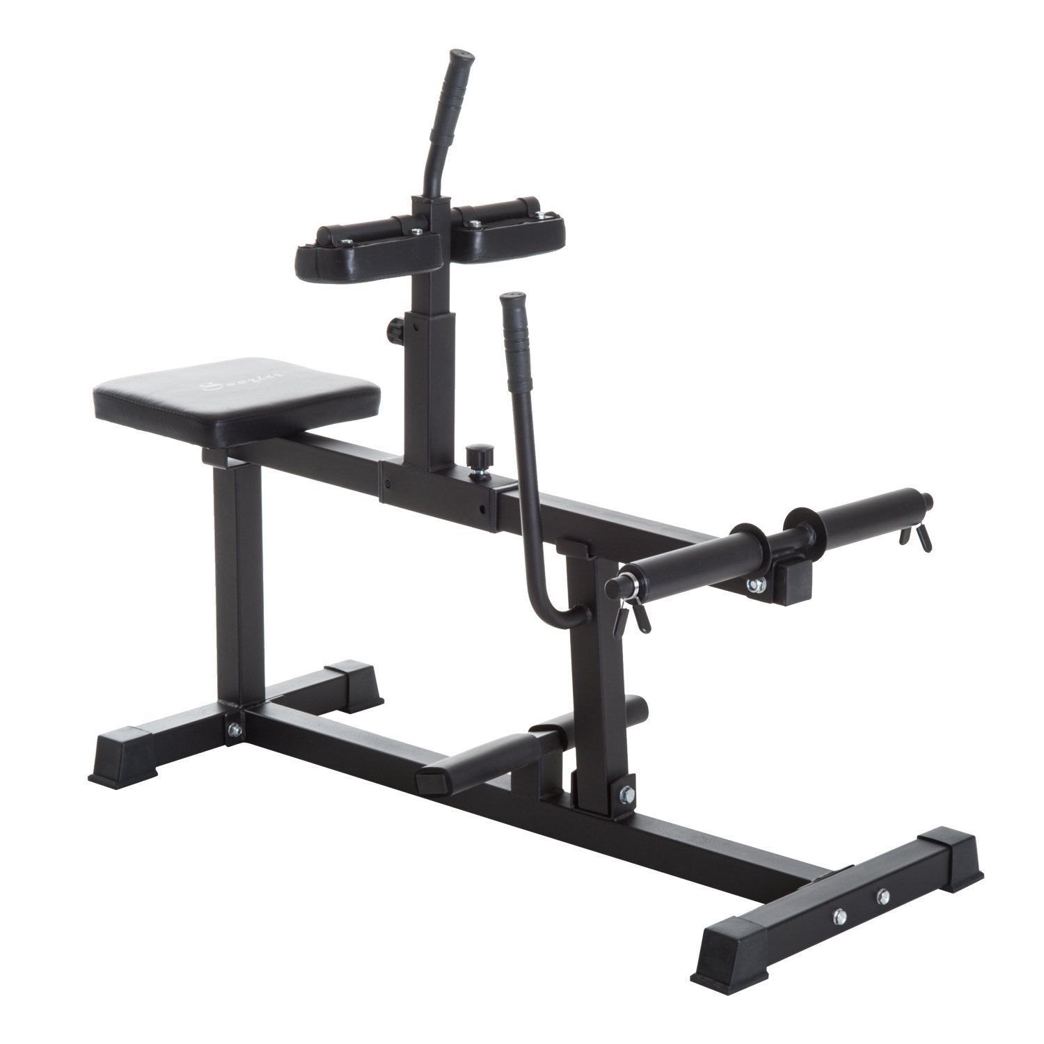 Black weight bench with adjustable components .