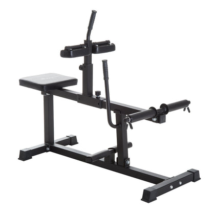 Black weight bench with adjustable components .