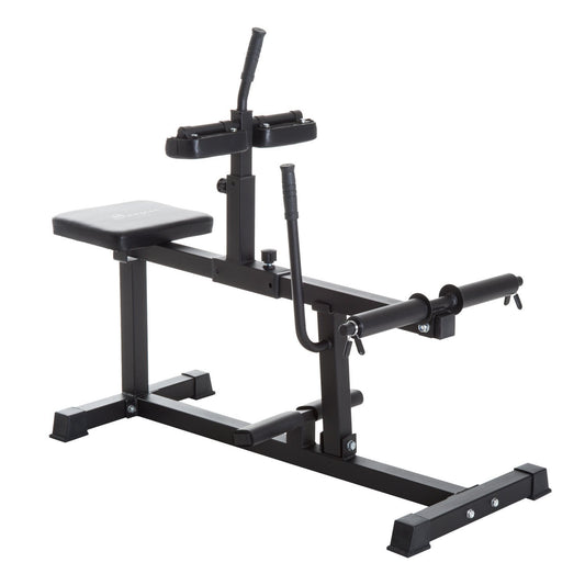 Black weight bench with adjustable components .