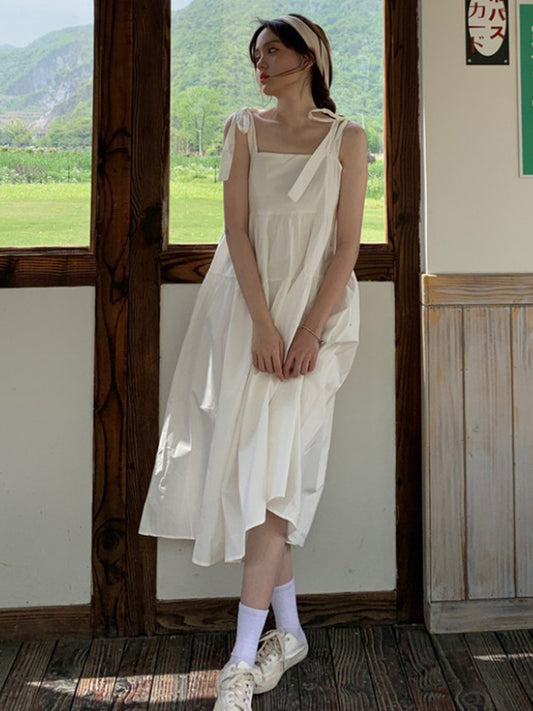 French Gentle Wind Fairy Skirt – Lace-Up Bowknot A-Line Suspender Dress