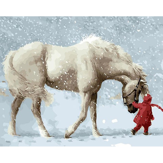 Frameless Horse & Child Digital Oil Painting on Linen Canvas
