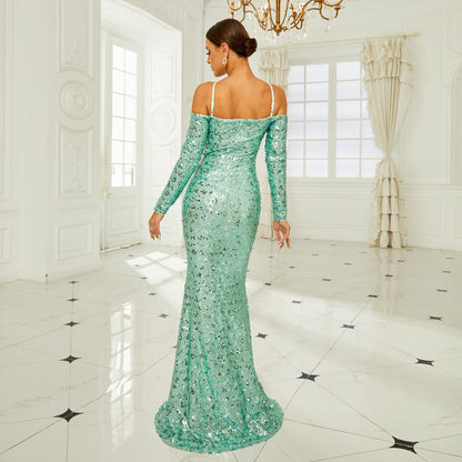 Long Sleeve Off-the-shoulder Banquet Sequined Sheath Fishtail Dress  ((DHL Fast Shipping))