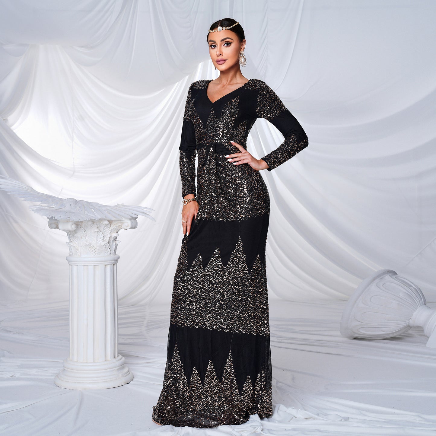 Long Sleeve V-neck Sexy Slim-fit Long Sequined Banquet Evening Dress  
((DHL Fast Shipping))