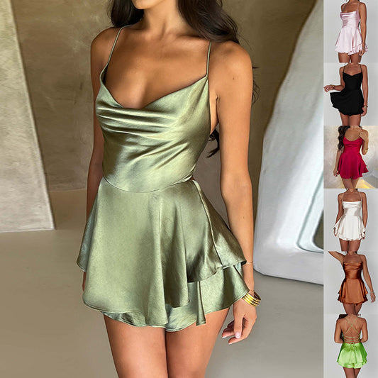Sexy Satin Backless Dress – Elegant Short A-Line Sling Mini Dress