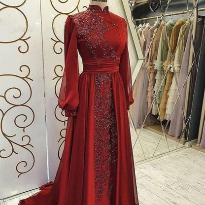 Stand Collar Luxury Long Sleeve Evening Dress  ((DHL Fast Shipping))