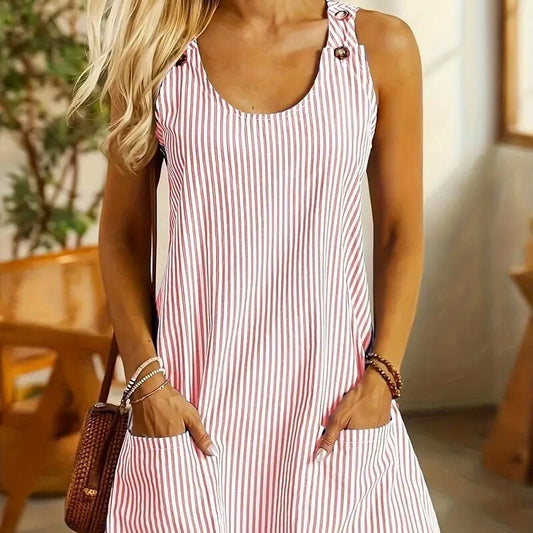 Casual Straight Slimming Mini Dress Summer Sleeveless U-Neck Dress with Pockets