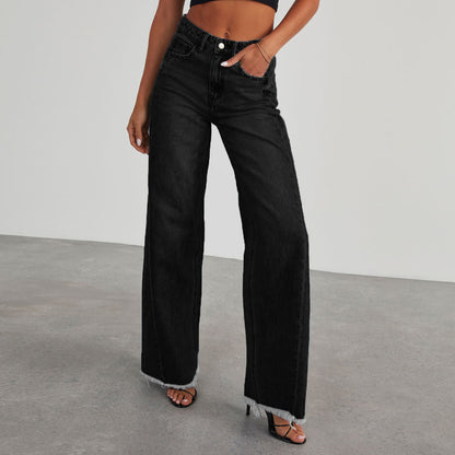 Women's High-Waisted Slim-Fit Wide-Leg Jeans with Pockets – Comfortable Straight-Leg Denim Pants USA