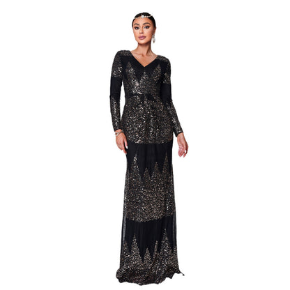 Long Sleeve V-neck Sexy Slim-fit Long Sequined Banquet Evening Dress  
((DHL Fast Shipping))