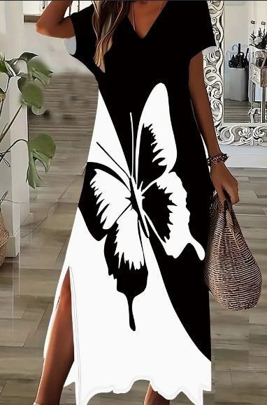 Elegant Women's Short Sleeve V-Neck Knit Fabric Dress With 3D Black And White Butterfly Print And Side Split Detail,  Fit And Flare Maxi Dress For All Seasons ((DHL Fast Shipping))