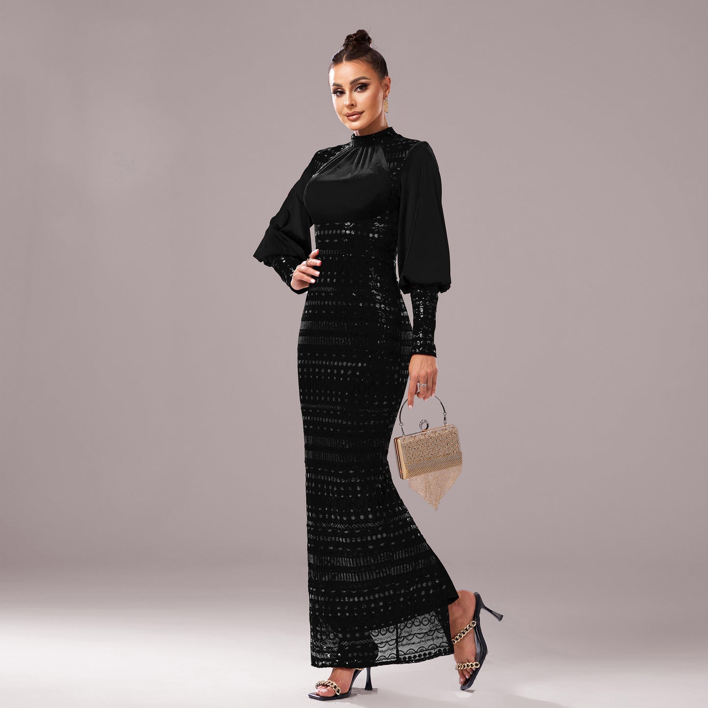 Long Sleeve Round Neck Sequins Slit Evening Dress  ((DHL Fast Shipping))