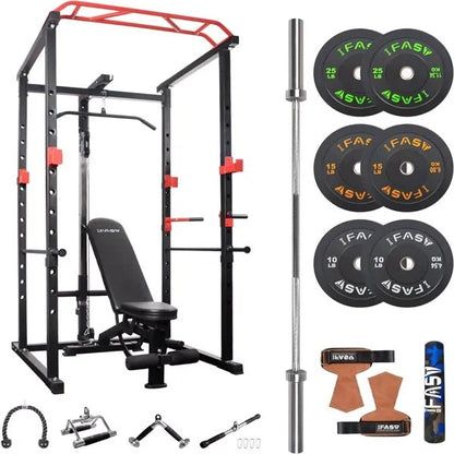 Gym equipment set including a power rack, bench, and weight plates on a white background.