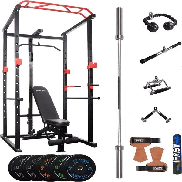 Gym equipment set including a power rack, bench, barbell, weights, and accessories 