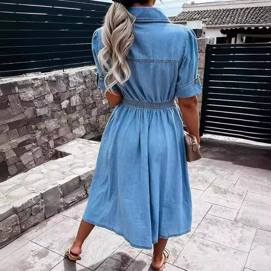 Women’s Single-Breasted Denim Lapel Dress – Elegant A-Line Summer Outfit