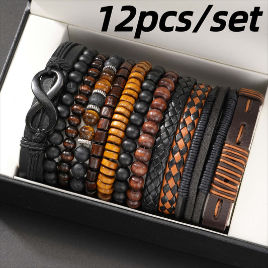 Men’s 12-Piece Vintage Bracelet Set – Leather & Beaded Styles